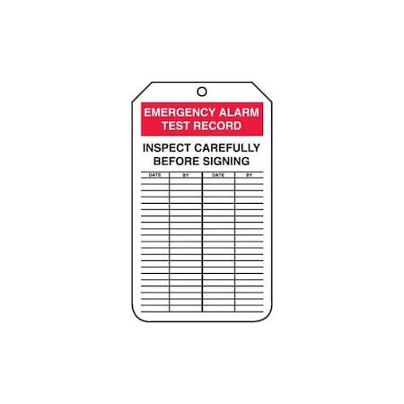 Accuform Safety Tags, EMERGENCY ALARM TEST RECORD, 5.75in x 3.25in, PF-Cardstock, 25PK TRS228CTP